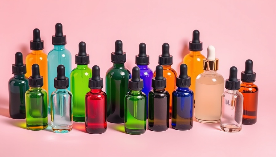 Colorful serum bottles on pink background representing skin health and wellness trends.