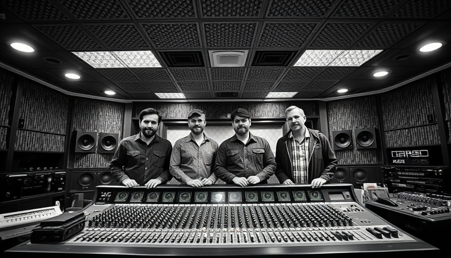 Black and white photo of four men in a vintage recording studio for 'Pink Floyd's Dark Side of the Moon'.