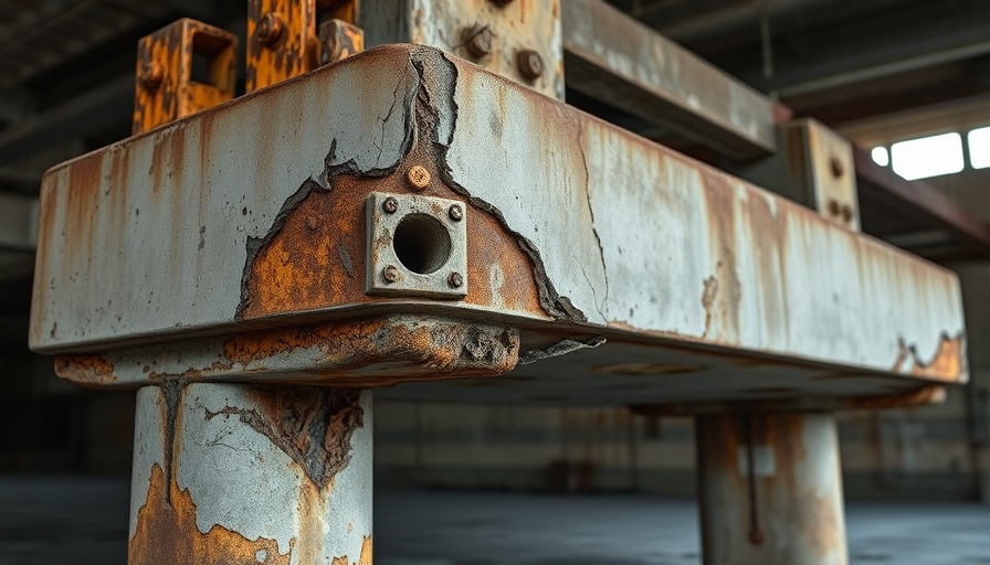 Corrosion inhibitors for concrete in action on a rusted structure.