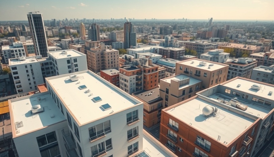 White rooftops with solar-reflective coatings in urban area.