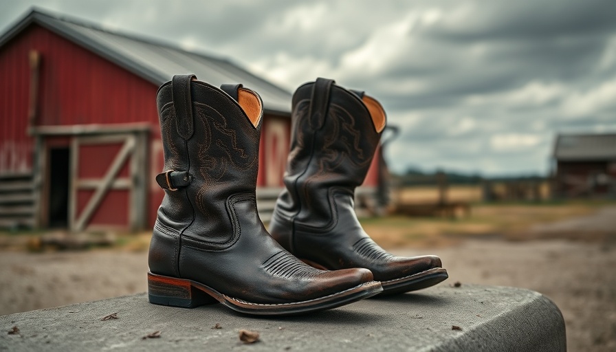 Weathered cowboy boots with spurs against rustic barn, overcast sky.