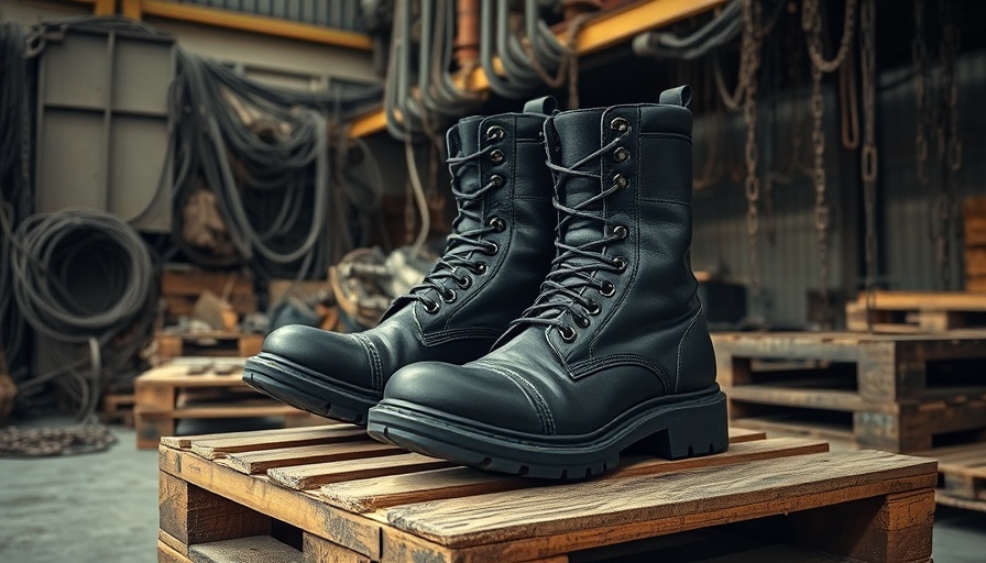 Sturdy black steel toe boots on pallets in an industrial setting.