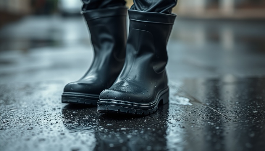 Rubber boot covers in rain reflecting light on wet pavement