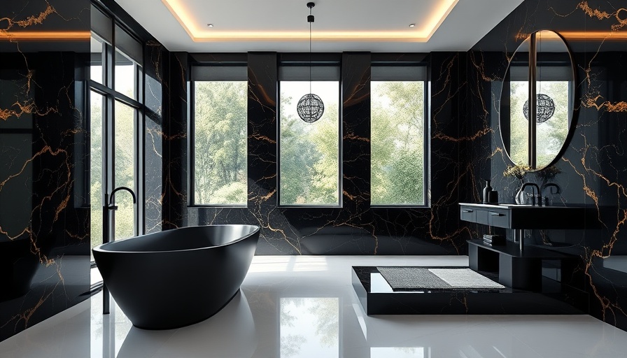 Luxury toilet and bath design featuring sleek black tub, marble walls.