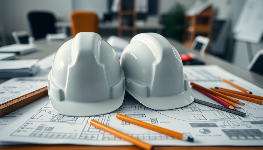 Construction helmets and blueprints representing commercial construction collaboration.