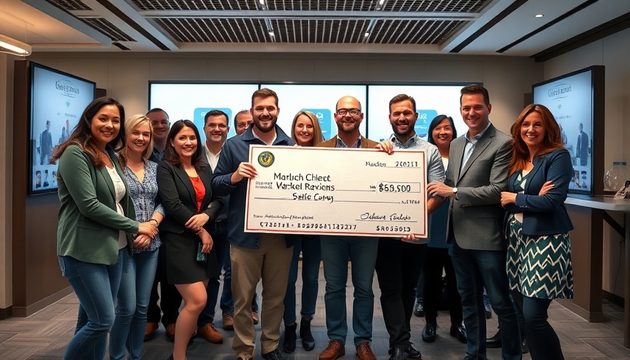 Group receiving check at asphalt roofing awards in North America.
