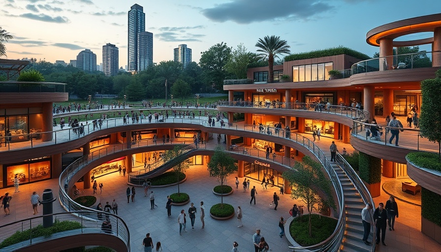 Unique mall design with tiered terraces overlooking city park at dusk.