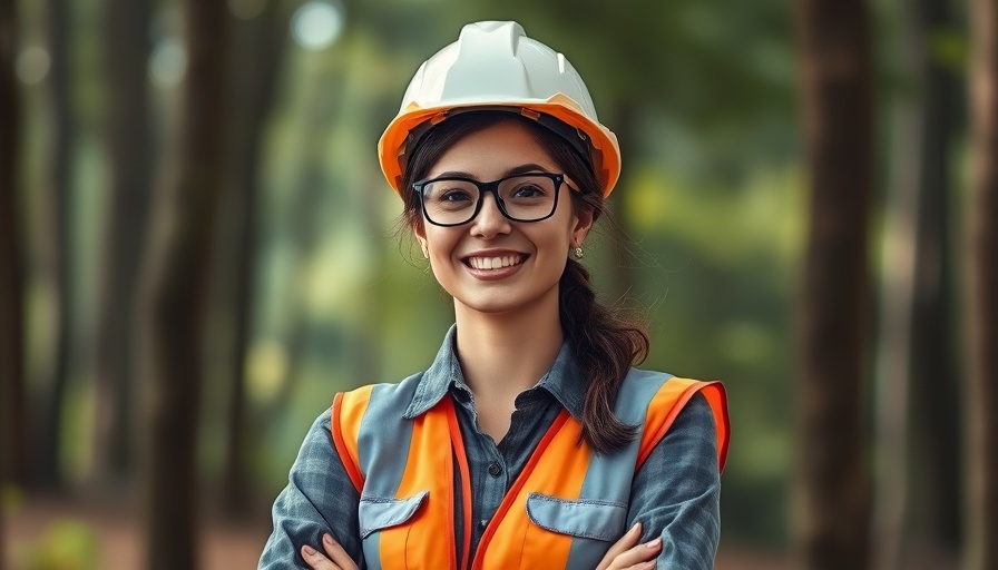 Female construction worker in forest with hard hat and vest