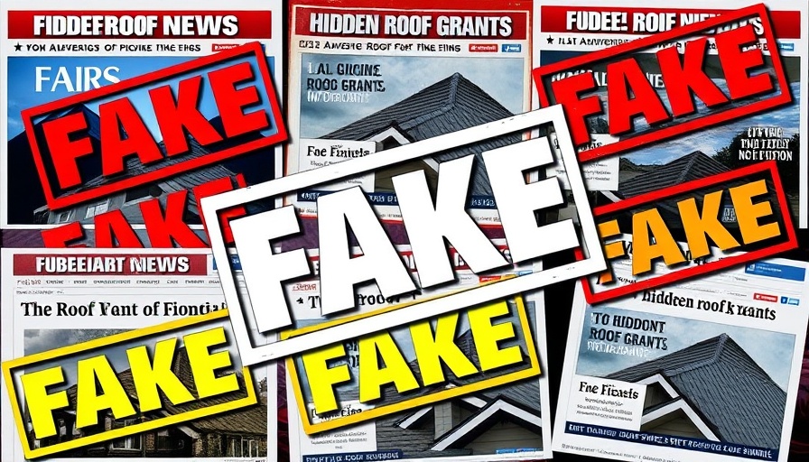 Collage with fake news headlines on hidden roof grant misinformation.