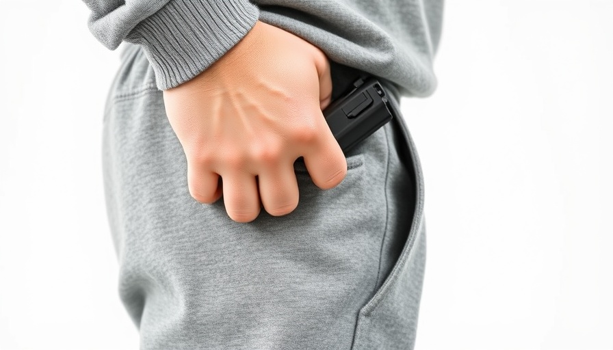 Accidental shooting workplace safety concept with handgun in sweatpants.