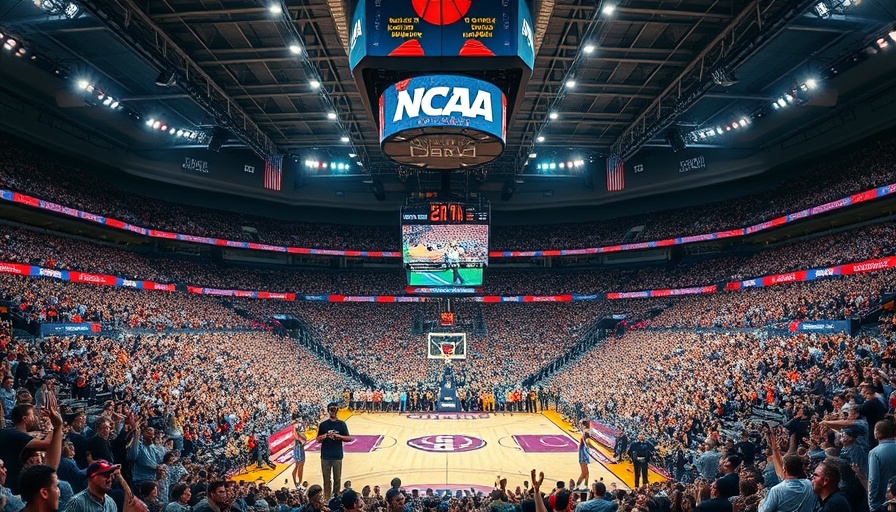 GoVision NCAA March Madness screens at a bustling basketball arena with fans.