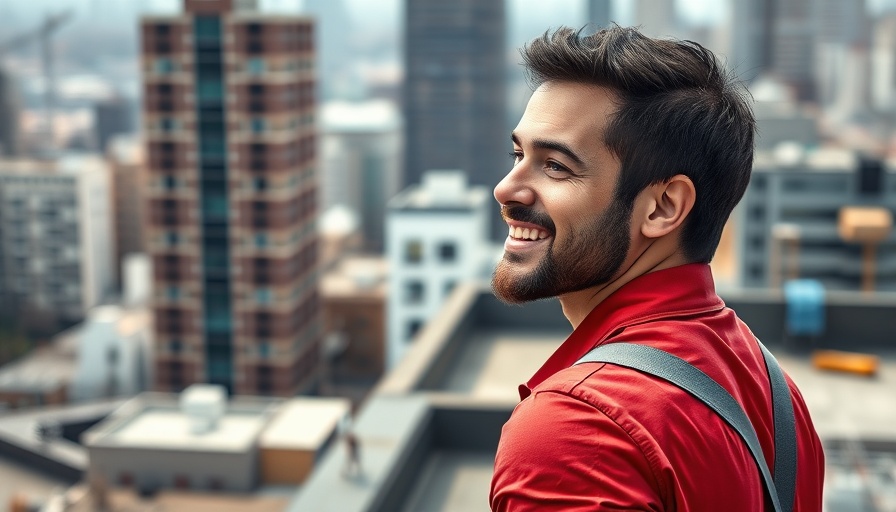Smiling worker on rooftop in bright daylight, sustainable commercial roofing.