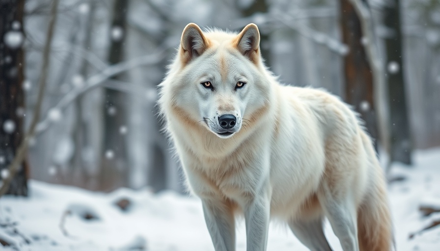 White wolf in snowy forest symbolizing dire wolf de-extinction.