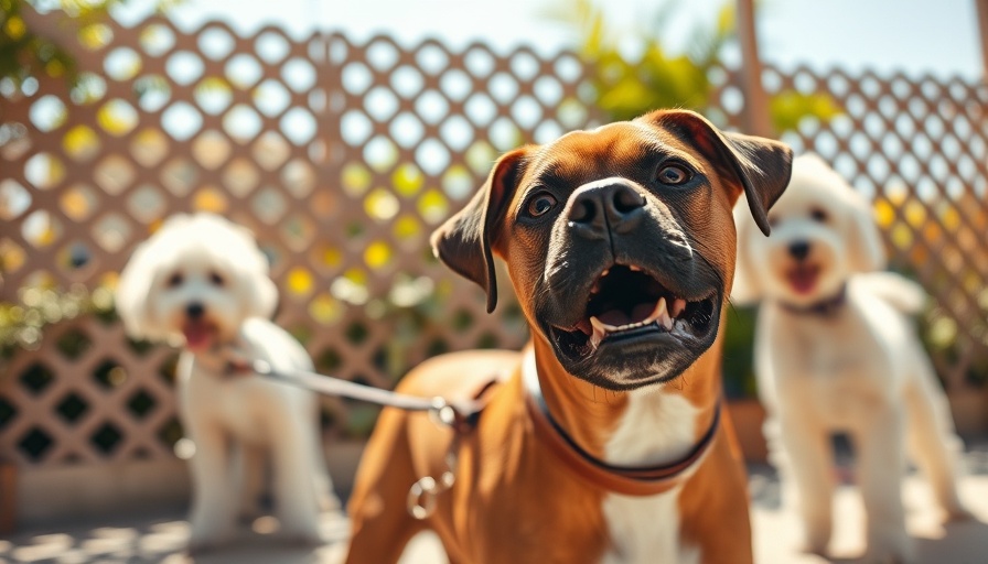 Brown boxer dog on leash outside a shelter during sunny day.