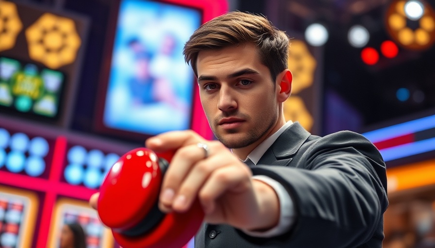 Confident game show contestant in suit, dramatic studio lighting.