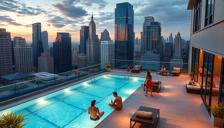 Luxurious rooftop pool on a converted residential building at dusk