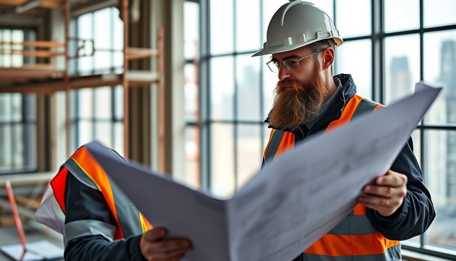 Construction manager examining plans on a site with scaffolding.