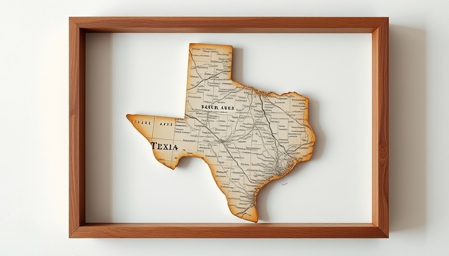 Framed Texas map cutout at Dallas Art Fair showcasing LGBTQ+ representation.