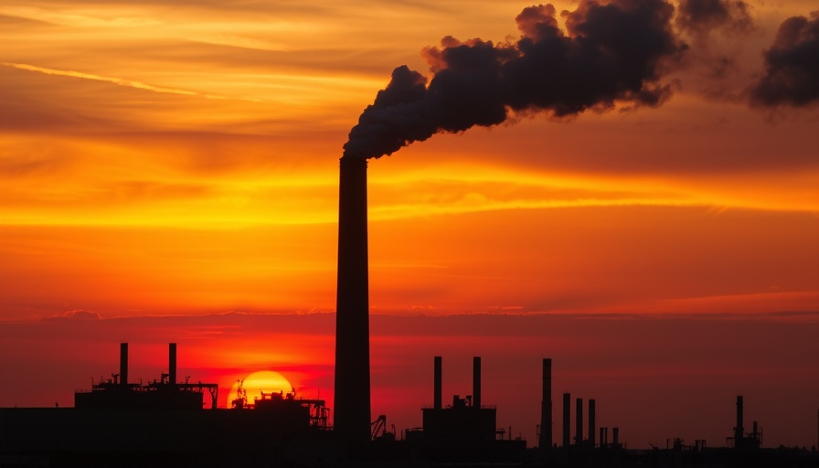 Smokestack silhouette at sunset, coal production context.