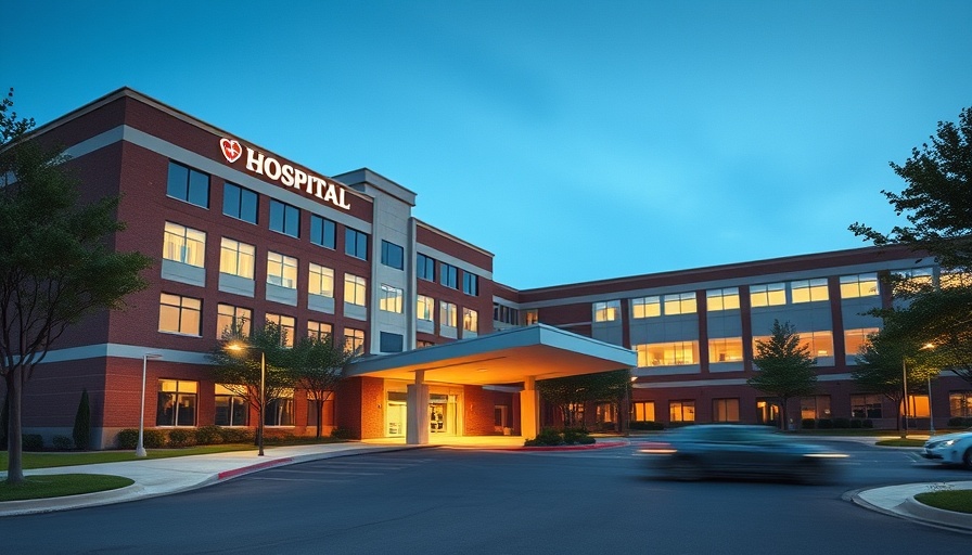 Modern hospital building entrance at dusk, highlighting construction features.