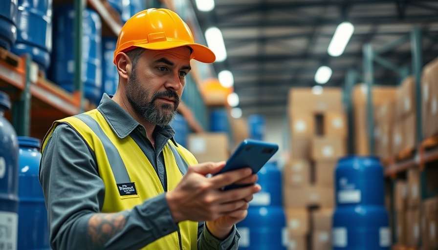 Warehouse worker scanning blue barrels reflecting tariffs impact construction prices.