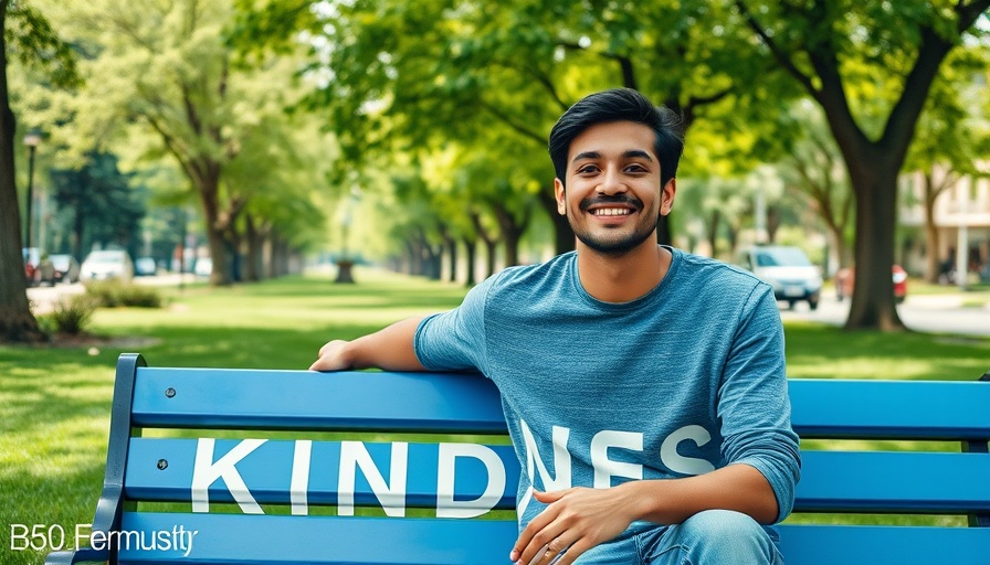 Young man on kindness bench in park, Paul Fuller kindness legacy.