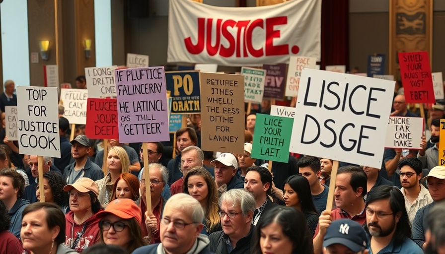 Diverse group rallying indoors with signs demanding justice.