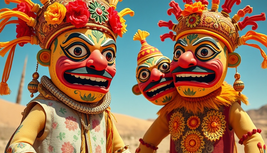 Colorful puppets in a desert setting symbolize border theme.