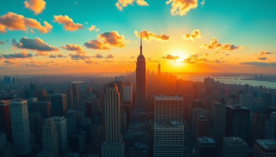 New York City skyline at sunset, skyscrapers glowing.