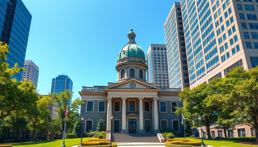 Old Courthouse amidst modern buildings under a clear blue sky.