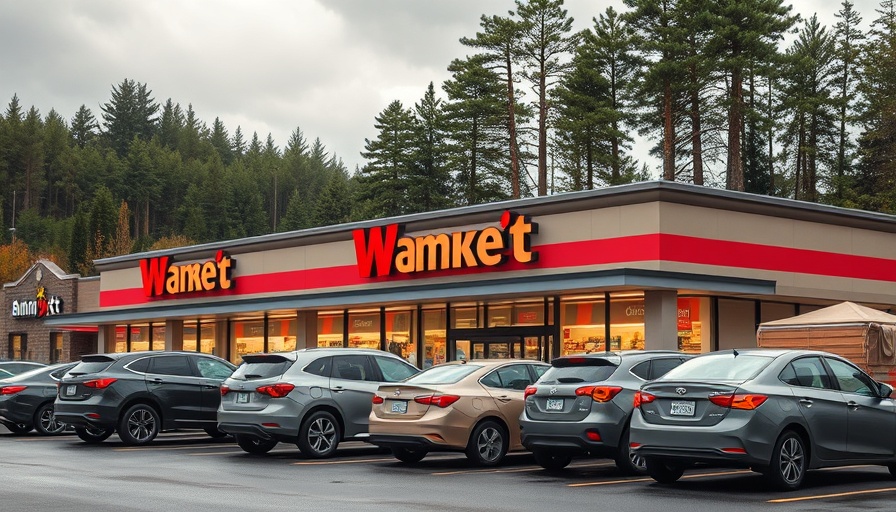 Modern supermarket facade surrounded by cars, sustainable roofing solutions.