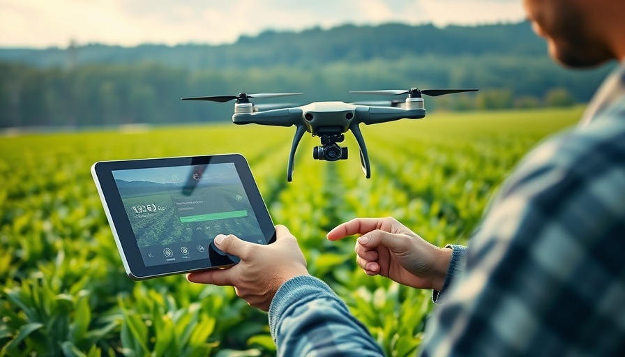 Digital tablet controlling drone over farm, agritech platforms revolutionizing farming.