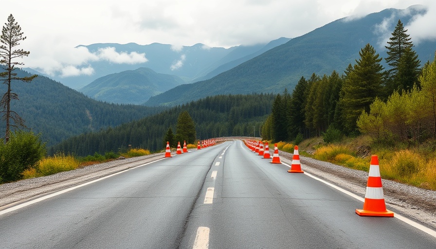 Traffic safety cones on New Zealand rural road during cloudy day.
