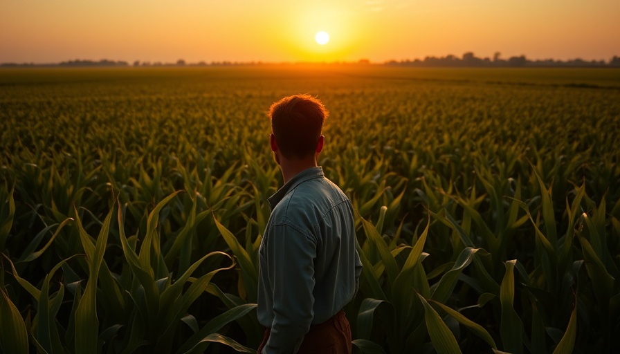 Farmer values changing at sunset over cornfield