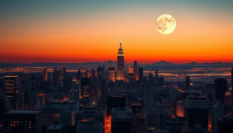 Vibrant city skyline at dusk with full moon over mountains.