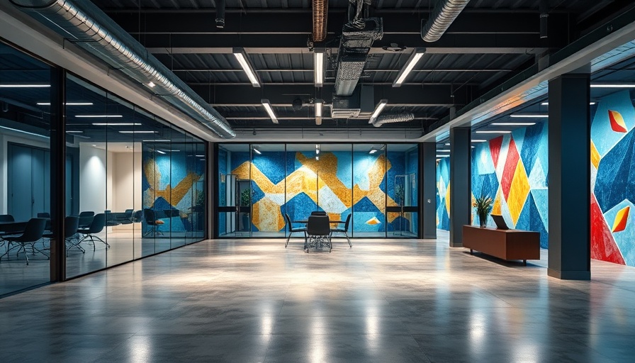 Modern office interior with glass wall and mural in construction business finance.