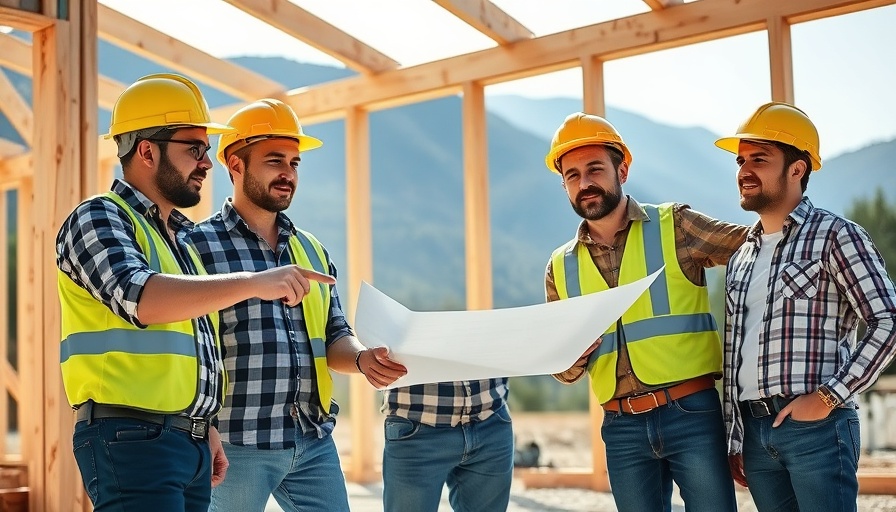 Construction workers reviewing plans at a new building site with wooden frames.