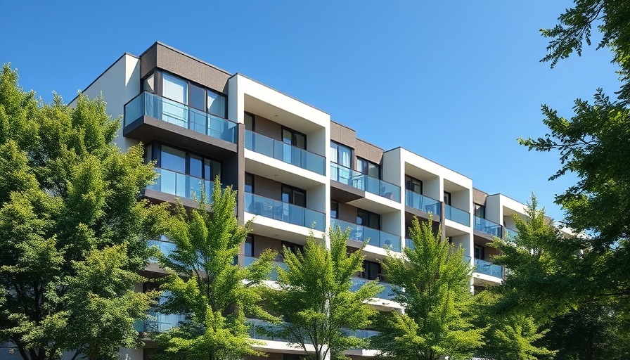 Modern multifamily housing complex under a clear sky.