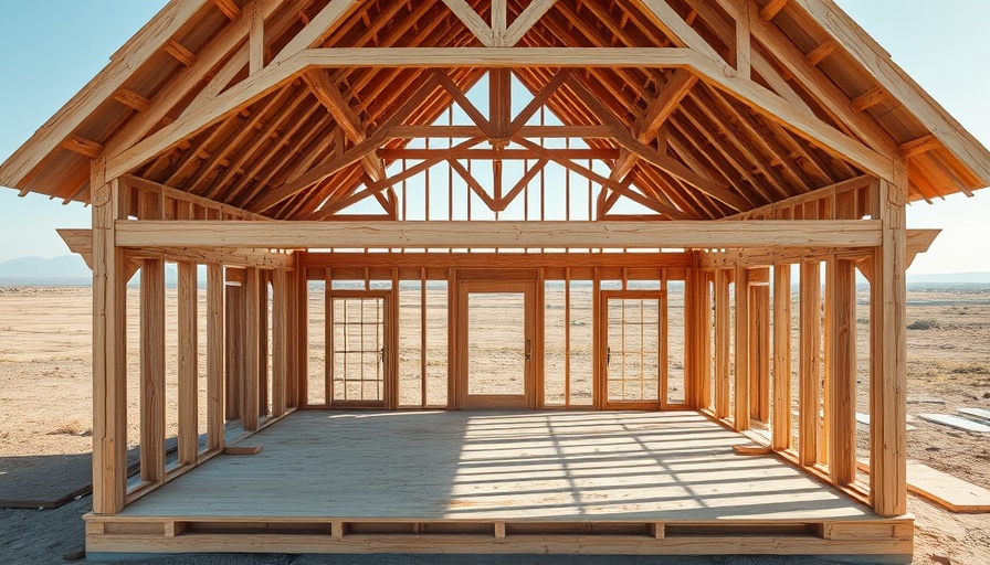 Aerial view of wooden house frame highlighting construction elements.