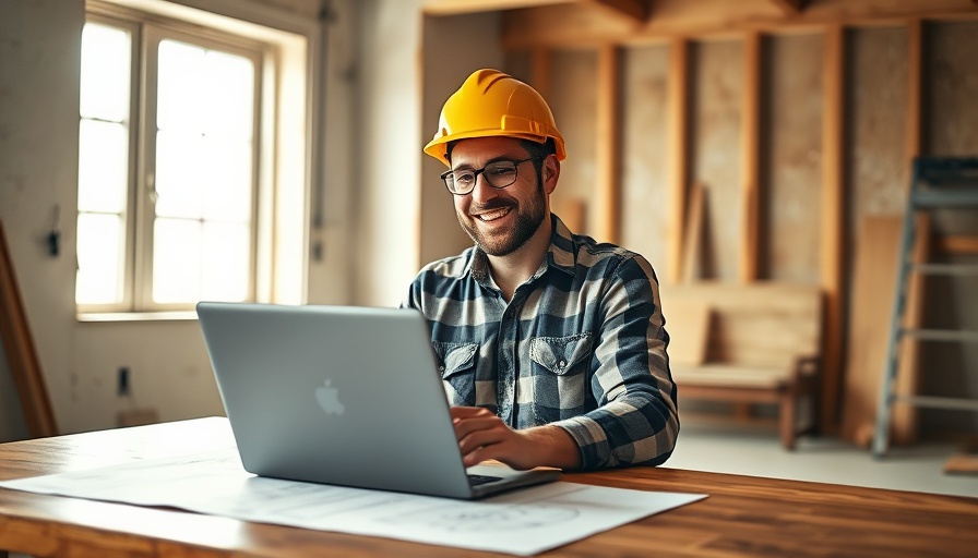 Construction worker using laptop at site with plans.