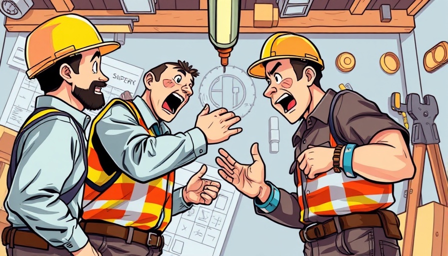 Cartoon illustration of two construction workers arguing over arbitration.