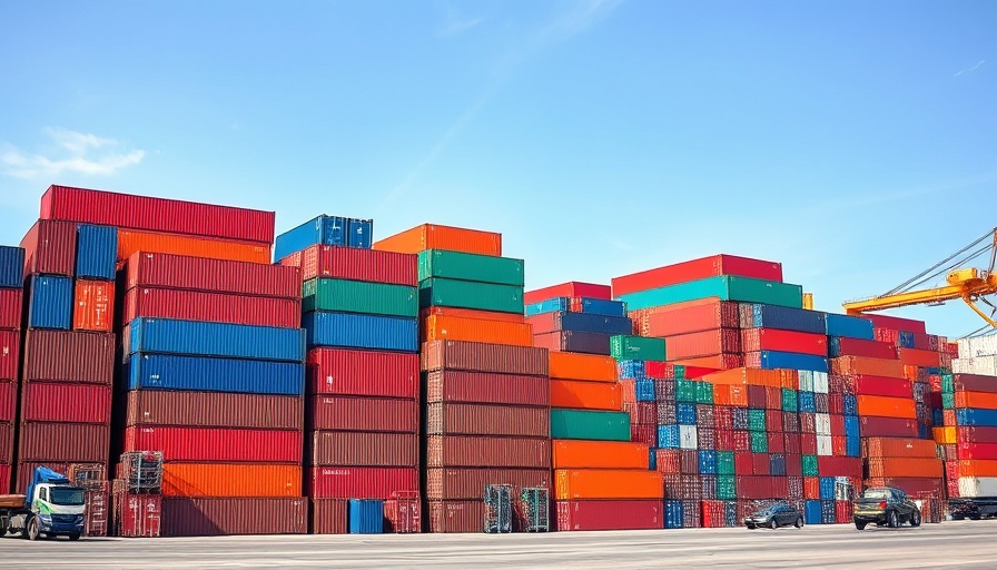 Stacked shipping containers representing construction material delays on East Coast.