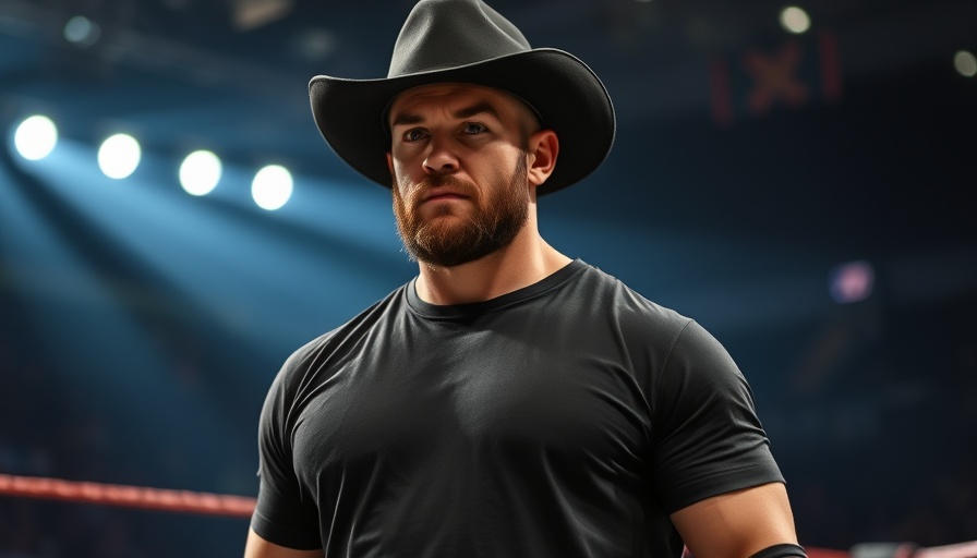 Wrestler focused in a ring with audience backdrop.