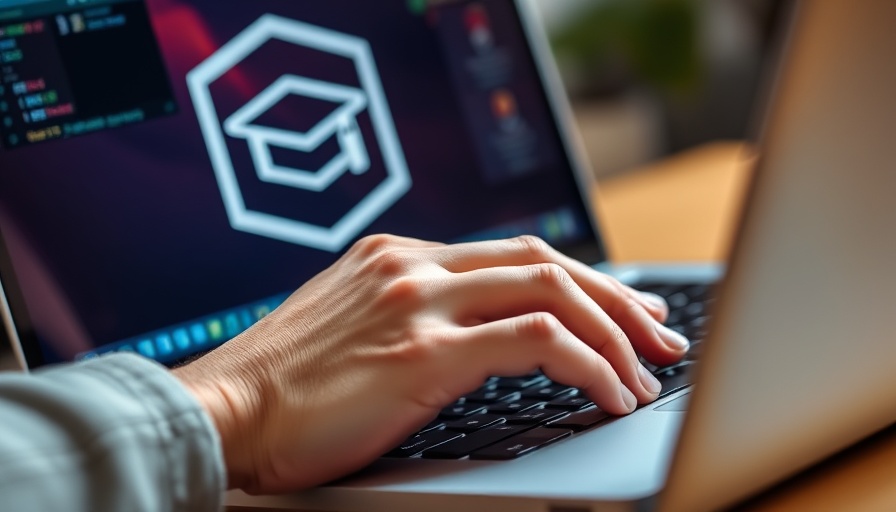 Hand typing on laptop with graduation cap on screen, online project management certification courses.