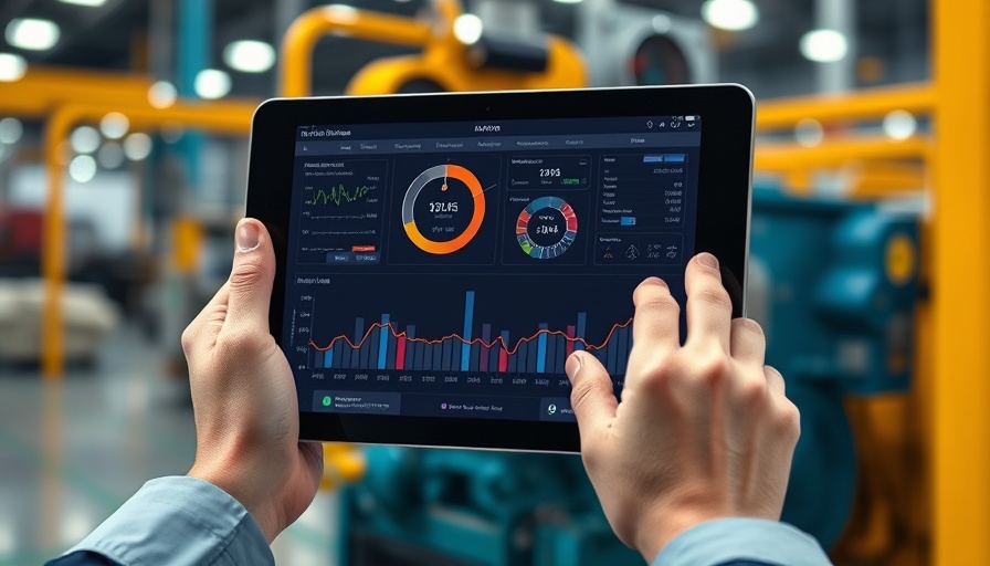 Tablet displaying manufacturing data overlays in a factory setting.
