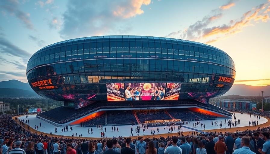 Futuristic stadium with world's largest glass wall at sunset.