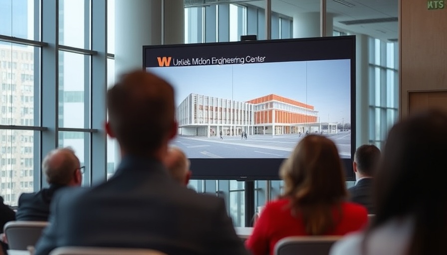 Presentation of UW-Madison Engineering Center funding with building display.