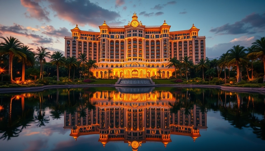 Luxurious hotel at Florida Roofing & Sheet Metal Expo, evening view.