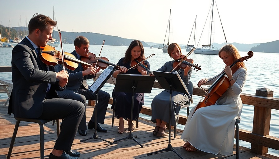 String quartet performing by a lake at the Titanic Exhibition in Dallas.