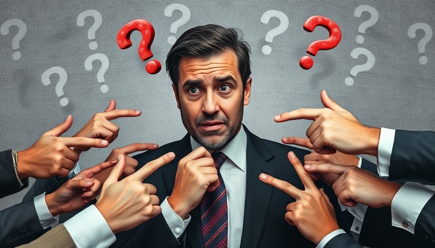 Overwhelmed professional surrounded by critical questions in a workplace.